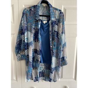 Cloth & Portrait Womens XL Blue Blouse Art to Wear Sheer Top with Built in Tank